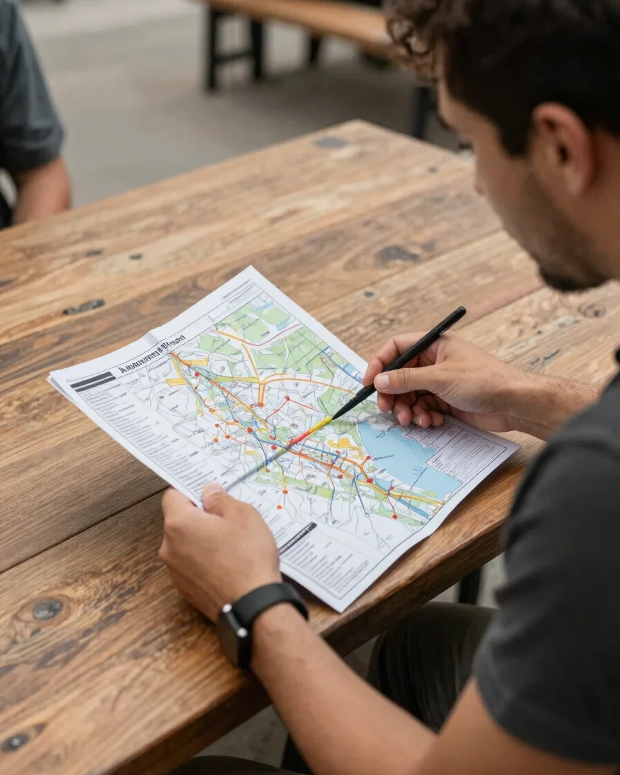 Editorial travel photography, soft natural daylight, a traveler reviewing a paper itinerary and map at a wooden table, c