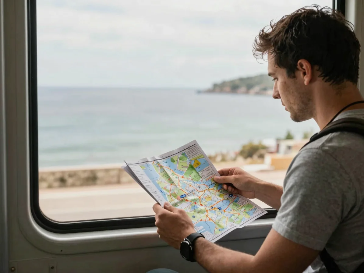 Editorial travel photography, soft natural daylight, a traveler reviewing a paper route map beside a window overlooking