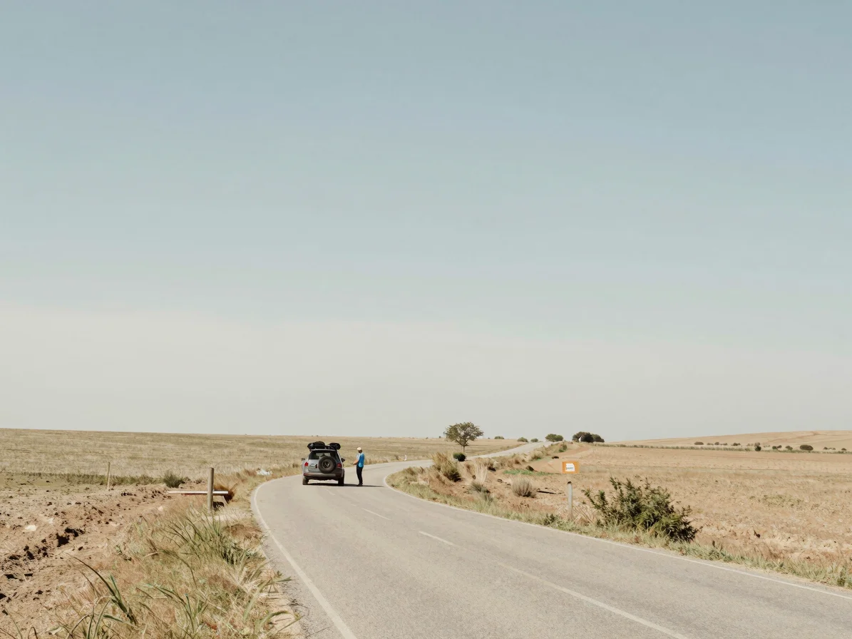 Editorial travel photography, soft natural daylight, a rural road winding through open fields with a parked car, grounde