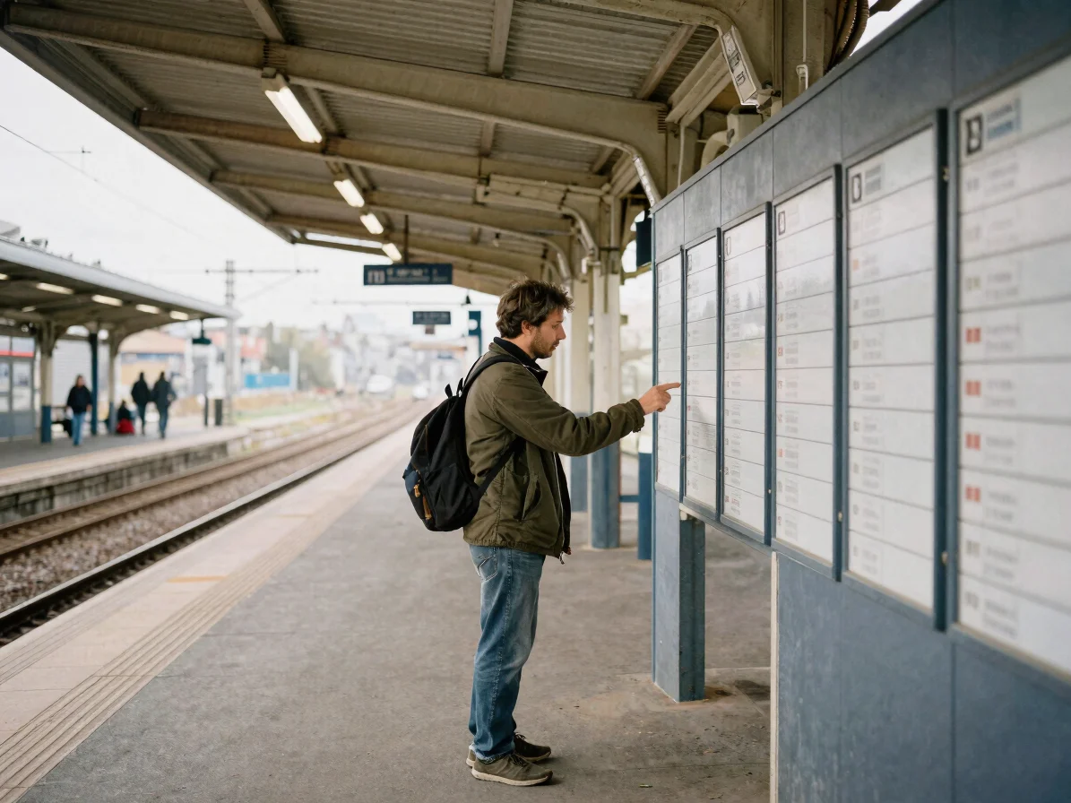 Editorial travel photography, soft natural daylight, a traveler checking a transit timetable at a quiet urban station pl