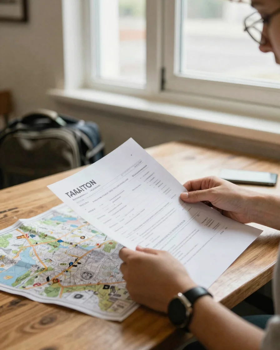 Traveler reviewing a paper itinerary and a map at a wooden table, soft natural daylight from a window, candid and unpose